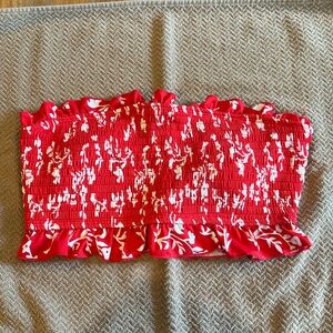 Women’s Small Red White Smocked Strapless Swim Top